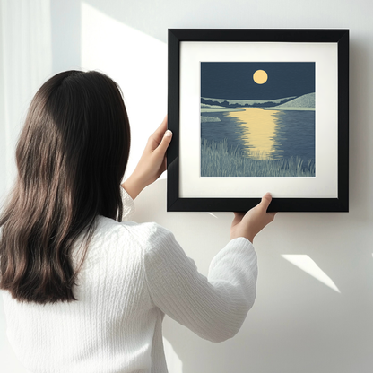 Moonlight reflecting on dark lake Linoprint-Style Art (2487-1)
