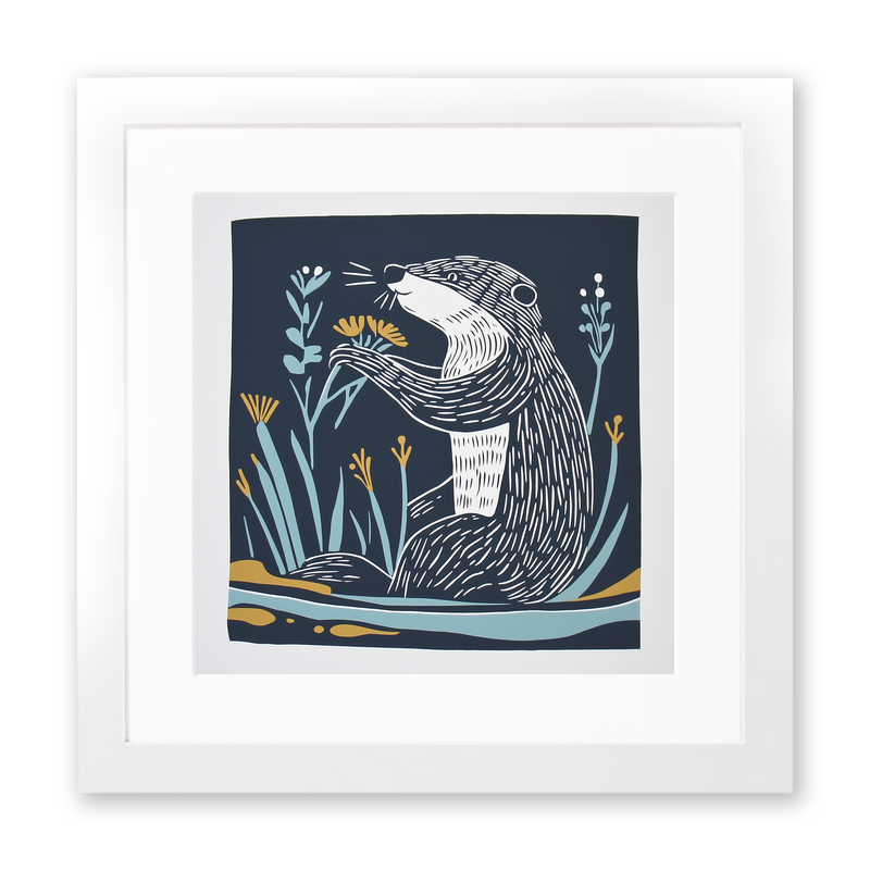 Cute Baby Beaver Linoprint-Style Art (1191-1)