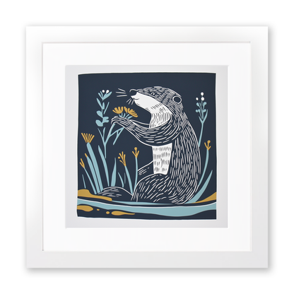 Cute Baby Beaver Linoprint-Style Art (1191-1)