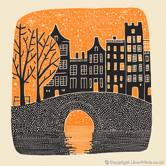 Amsterdam canal at twilight Linoprint-Style Art (164-1)