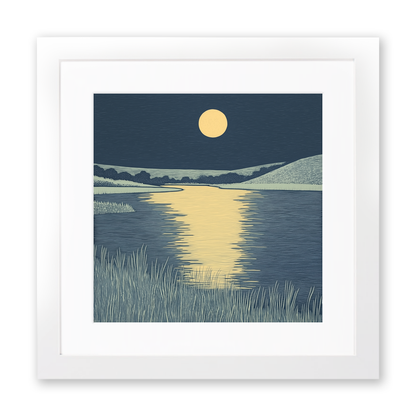 Moonlight reflecting on dark lake Linoprint-Style Art (2487-1)