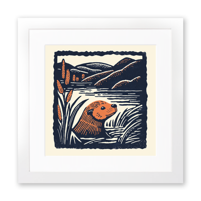 Cute Baby Beaver Linoprint-Style Art (44-2)