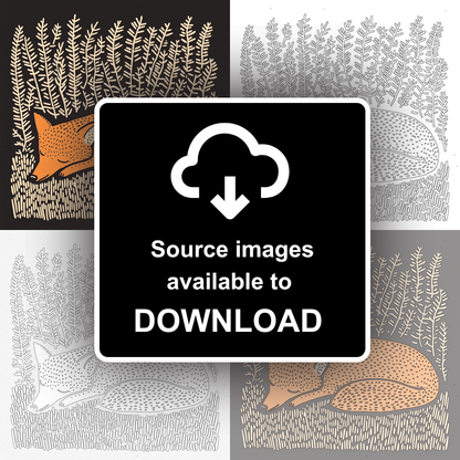 Ferns with resting fox Linoprint-Style Art (252-1)