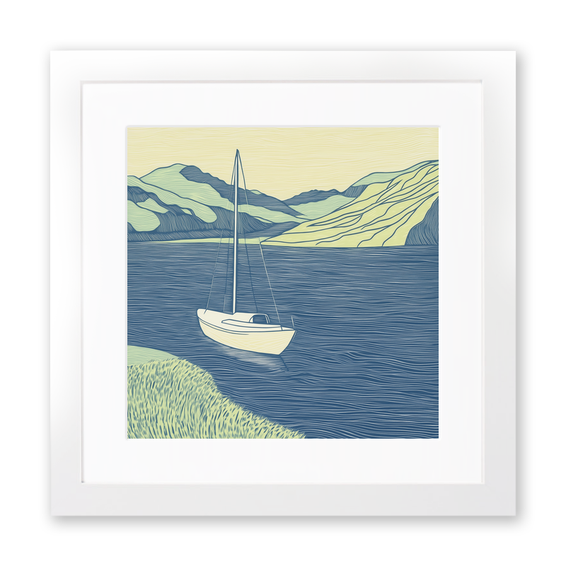 Yacht moored in quiet bay Linoprint-Style Art (2610-1)