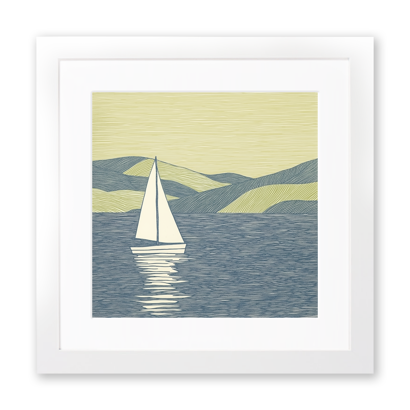 Sailing boat silhouette on the water Linoprint-Style Art (2528-5)