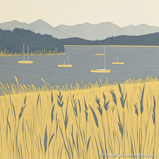 Windermere lake shore with boats Linoprint-Style Art (2604-1)