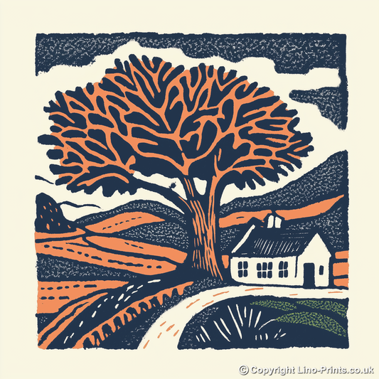 Oak tree with squirrel Linoprint-Style Art (102-2)