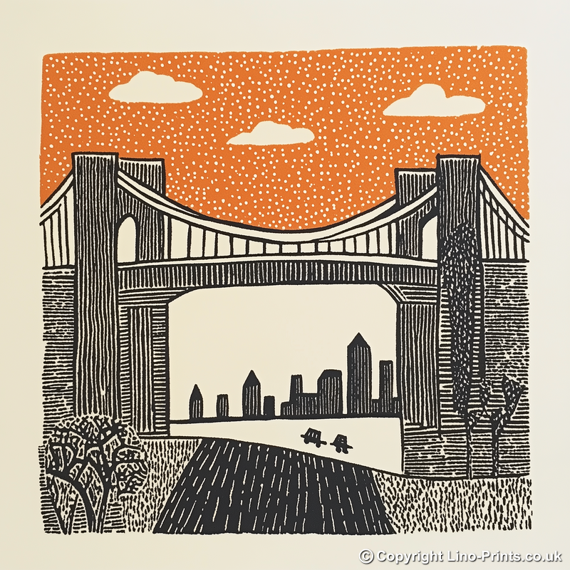 New York Brooklyn Bridge Linoprint-Style Art (184-1)
