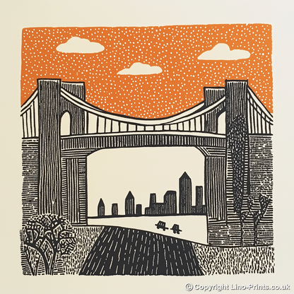 New York Brooklyn Bridge Linoprint-Style Art (184-1)