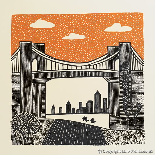 New York Brooklyn Bridge Linoprint-Style Art (184-1)