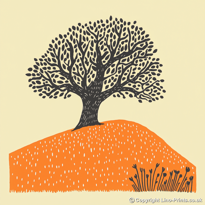Ancient oak in a Norfolk field Linoprint-Style Art (2055-2)