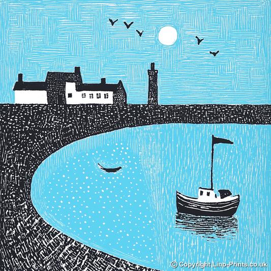 Seahouses Harbour, Northumberland Linoprint-Style Art (816-1)