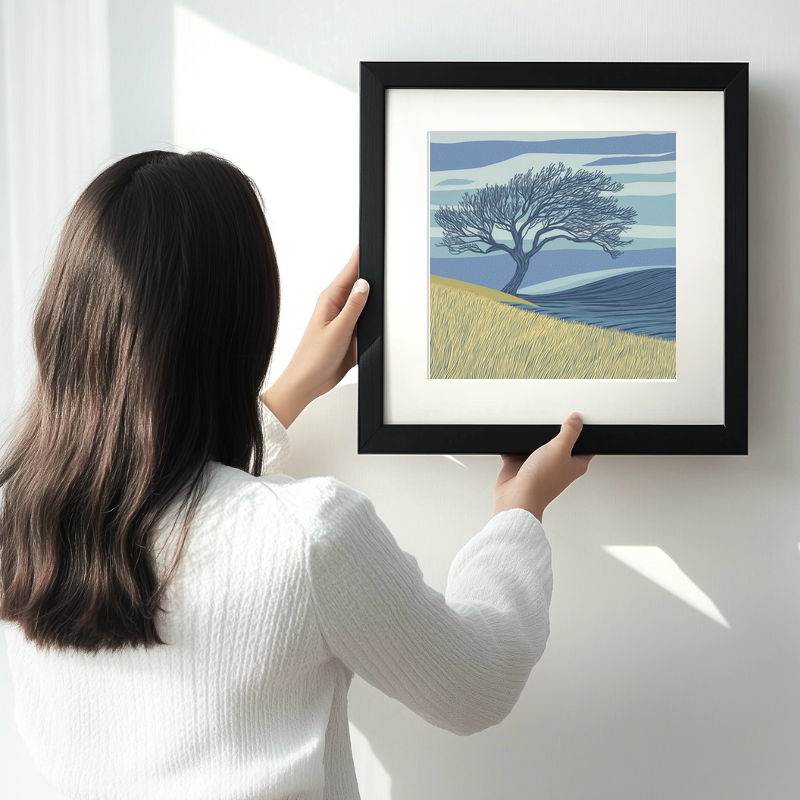 Lone windswept Hawthorn tree Linoprint-Style Art (2479-1)