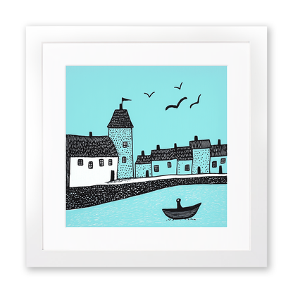 Mevagissey Harbour, Cornwall Linoprint-Style Art (804-1)