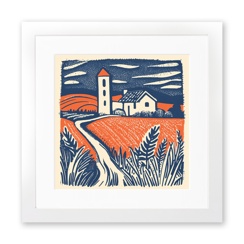 Church tower rising from flat fields Linoprint-Style Art (1969-1)