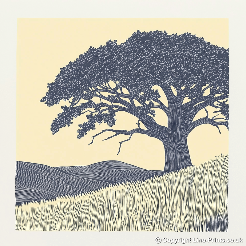 Sturdy oak tree silhouette Linoprint-Style Art (2568-1)