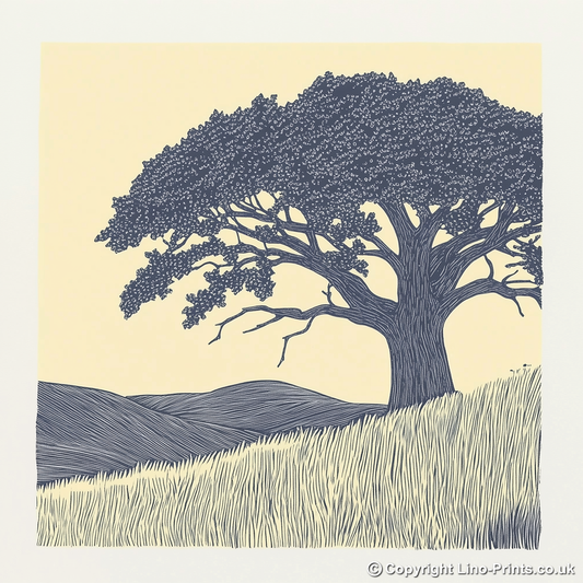 Sturdy oak tree silhouette Linoprint-Style Art (2568-1)