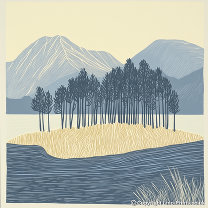 Pine trees silhouette on a lake island (e.g., Derwentwater) Linoprint-Style Art (2504-4)