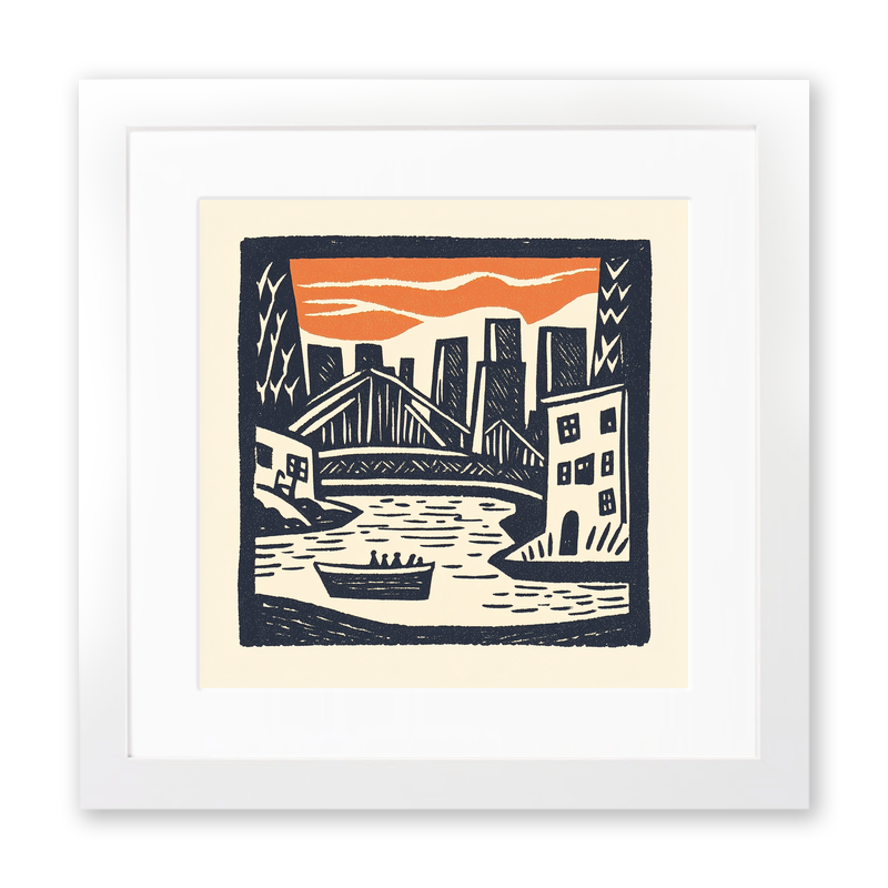 New York Brooklyn Bridge Linoprint-Style Art (22-2)