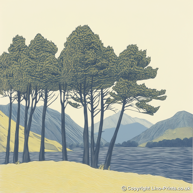 Pine trees silhouette on a lake island (e.g., Derwentwater) Linoprint-Style Art (2504-5)