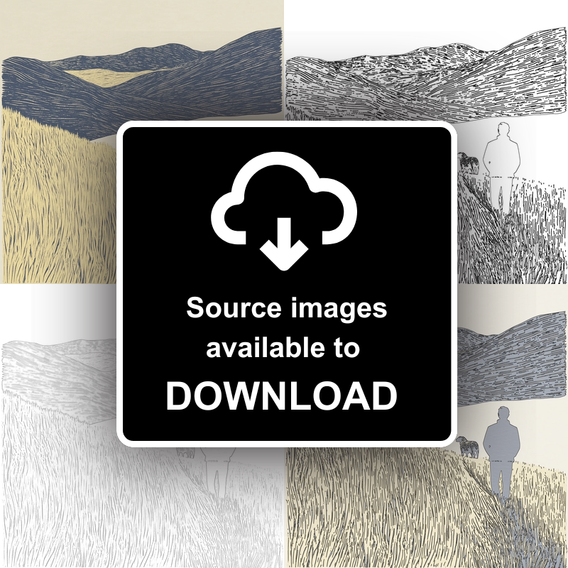 Shepherd and sheepdog silhouette Linoprint-Style Art (2545-1)