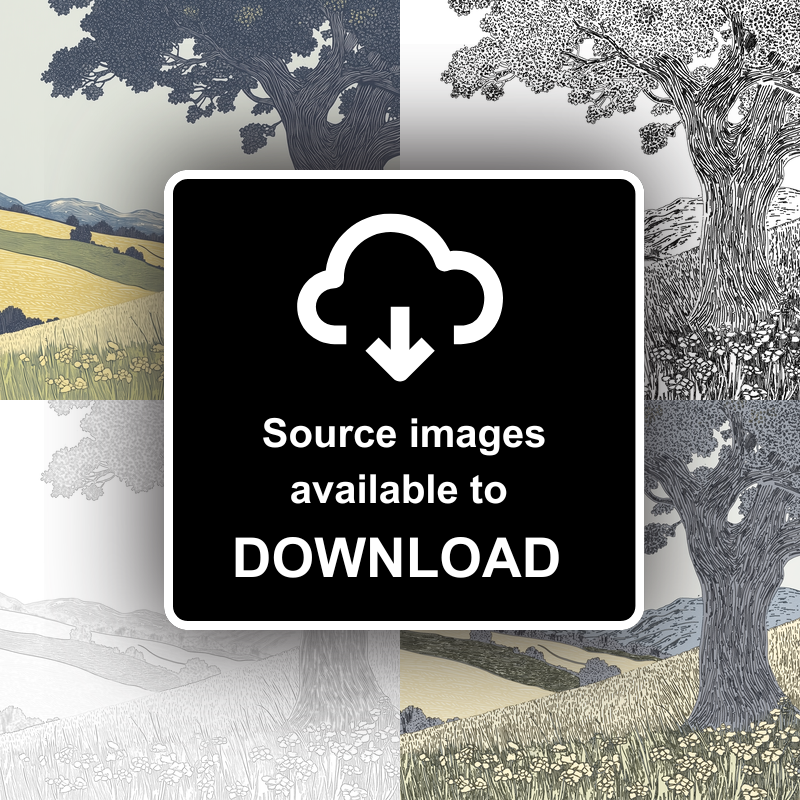 Ancient Oak tree in a valley Linoprint-Style Art (2356-2)