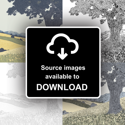 Ancient Oak tree in a valley Linoprint-Style Art (2356-2)