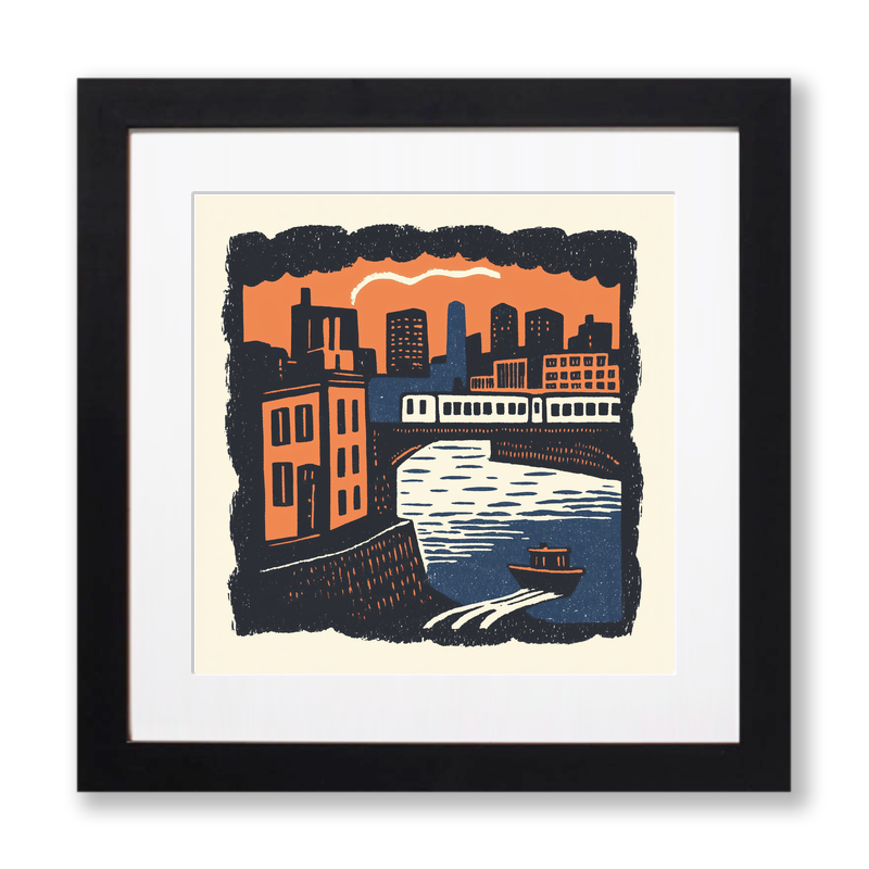 Chicago elevated train tracks Linoprint-Style Art (7-1)