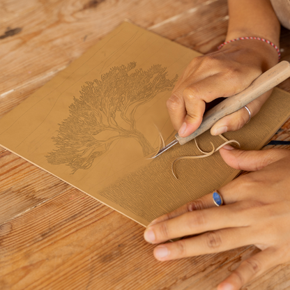 Lone windswept Hawthorn tree Linoprint-Style Art (2479-1)