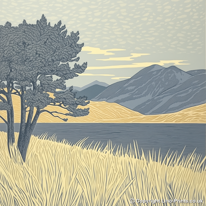 Buttermere lone pines in the Lake District Linoprint-Style Art (2378-2)