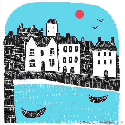 Mousehole Harbour, Cornwall Linoprint-Style Art (805-2)
