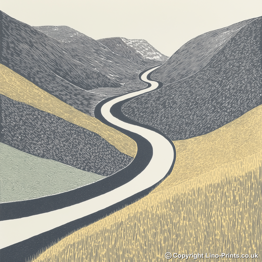 Honister Pass road winding Linoprint-Style Art (2458-1)