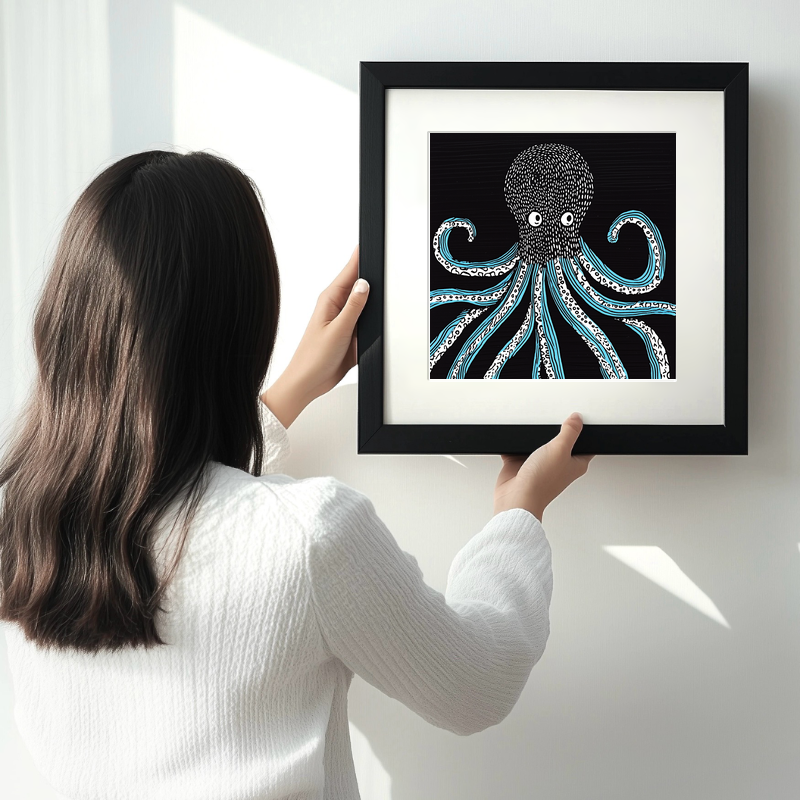 Octopus with swirling tentacles Linoprint-Style Art (726-1)