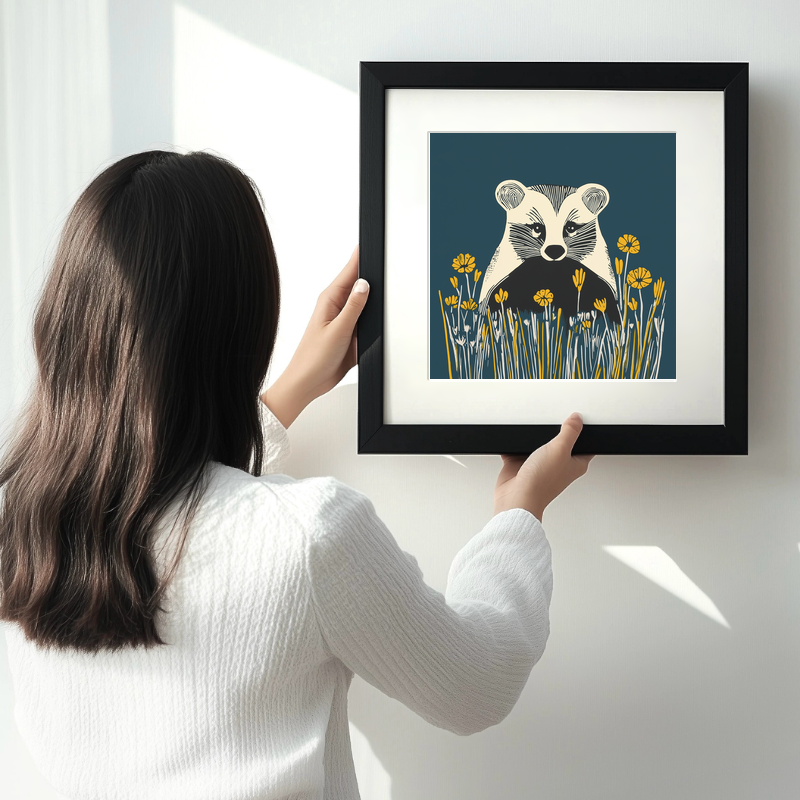 Cute Baby Badger Linoprint-Style Art (1190-2)