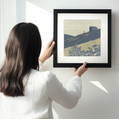 Ruin silhouette on a fellside Linoprint-Style Art (2525-2)
