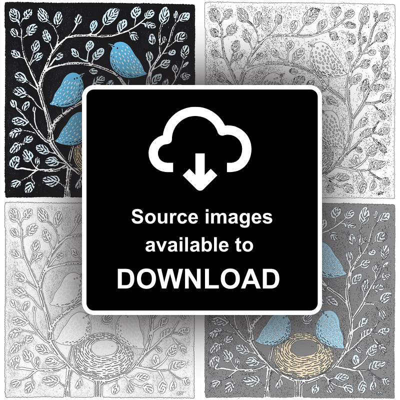 Brambles with birds nesting Linoprint-Style Art (709-2)