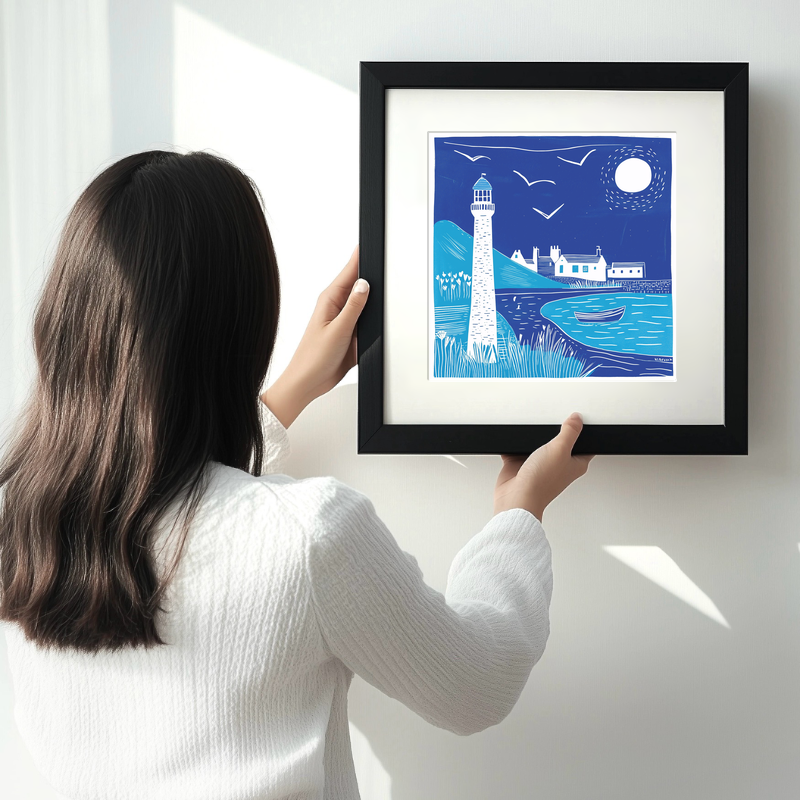 Lighthouse scene Linoprint-Style Art (972-1)