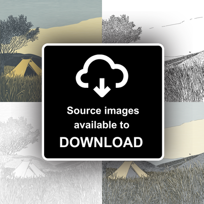 Wild campers tent at dawn silhouette Linoprint-Style Art (2602-2)