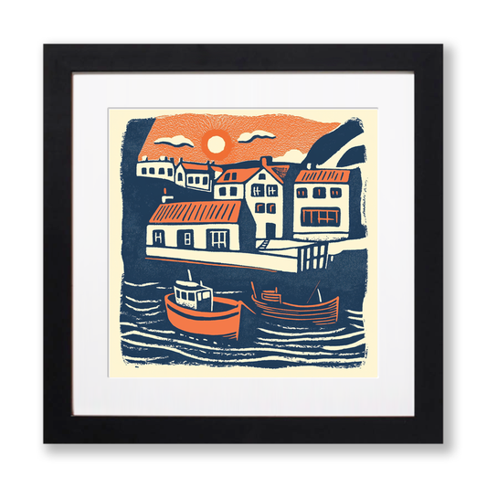Seahouses Harbour, Northumberland Linoprint-Style Art (153-1)