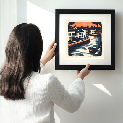 Amsterdam canal at twilight Linoprint-Style Art (2-1)