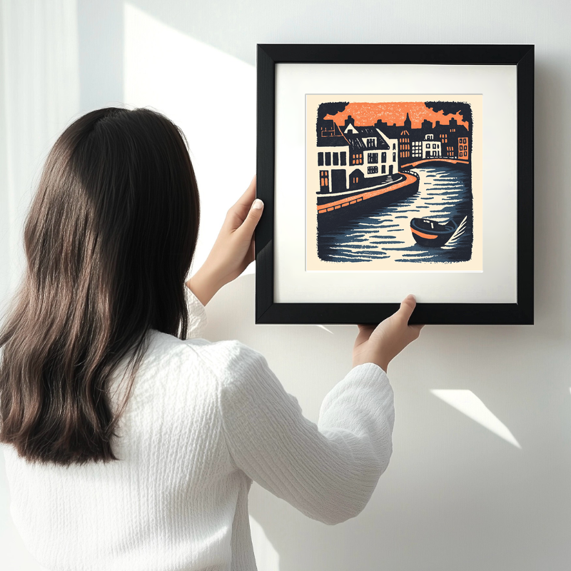 Amsterdam canal at twilight Linoprint-Style Art (2-4)