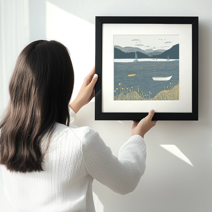 Windermere lake shore with boats Linoprint-Style Art (2604-3)