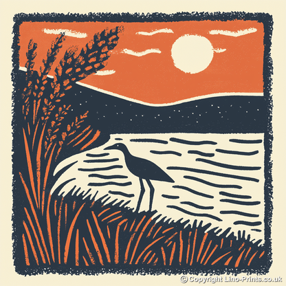 Curlew calling in the shallows Linoprint-Style Art (1978-1)
