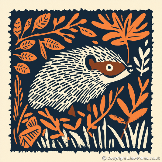 Hedgehog in autumn leaves Linoprint-Style Art (94-2)