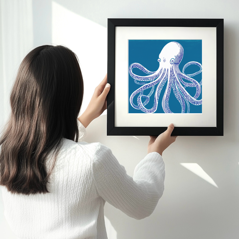 Octopus with swirling tentacles Linoprint-Style Art (1017-2)