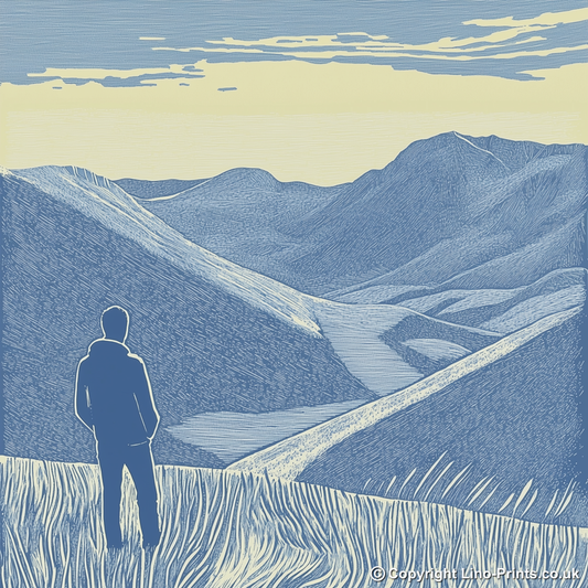 Hiker silhouette watching sunset over fells Linoprint-Style Art (2455-2)