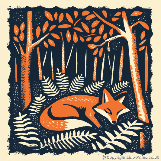 Ferns with resting fox Linoprint-Style Art (90-2)