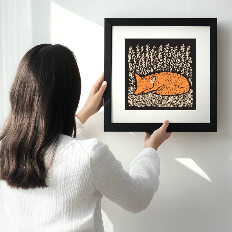 Ferns with resting fox Linoprint-Style Art (252-1)