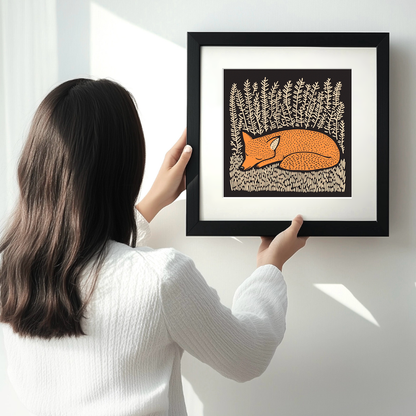 Ferns with resting fox Linoprint-Style Art (252-1)
