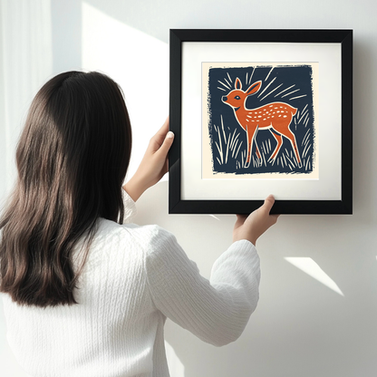Cute Fawn (Baby Deer)   Linoprint-Style Art (55-1)